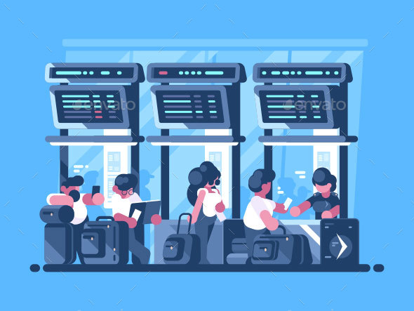 Checking and Check-In of Baggage for Flight - People Characters