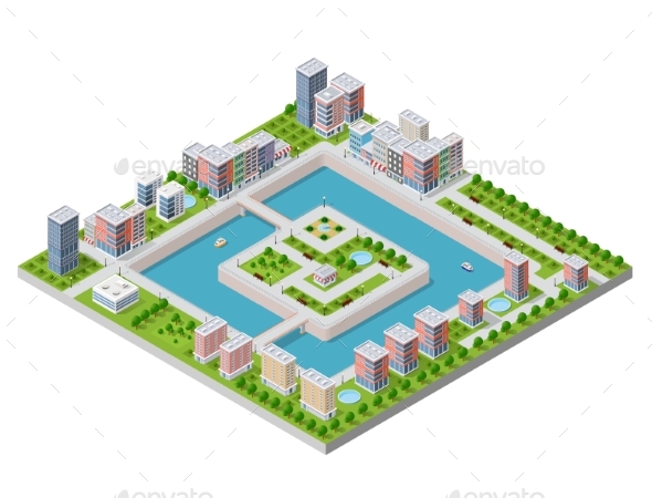Isometric Vector Illustration - Buildings Objects