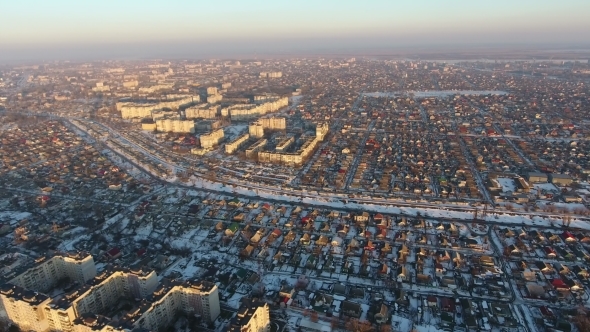 Aerial Shot of Urban Landscape From Multistoried Buildings, Railway in Winter