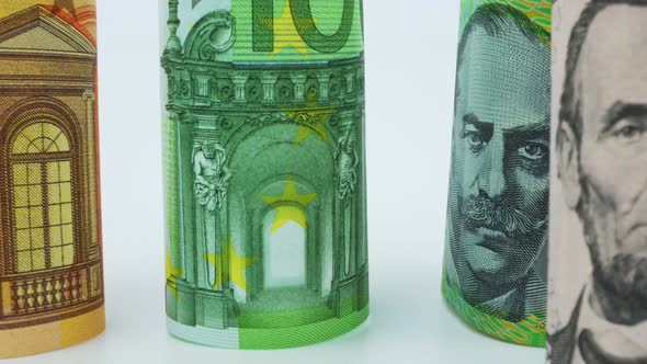 Foreign currency money exchange concept. Many banknotes of different nations. alt