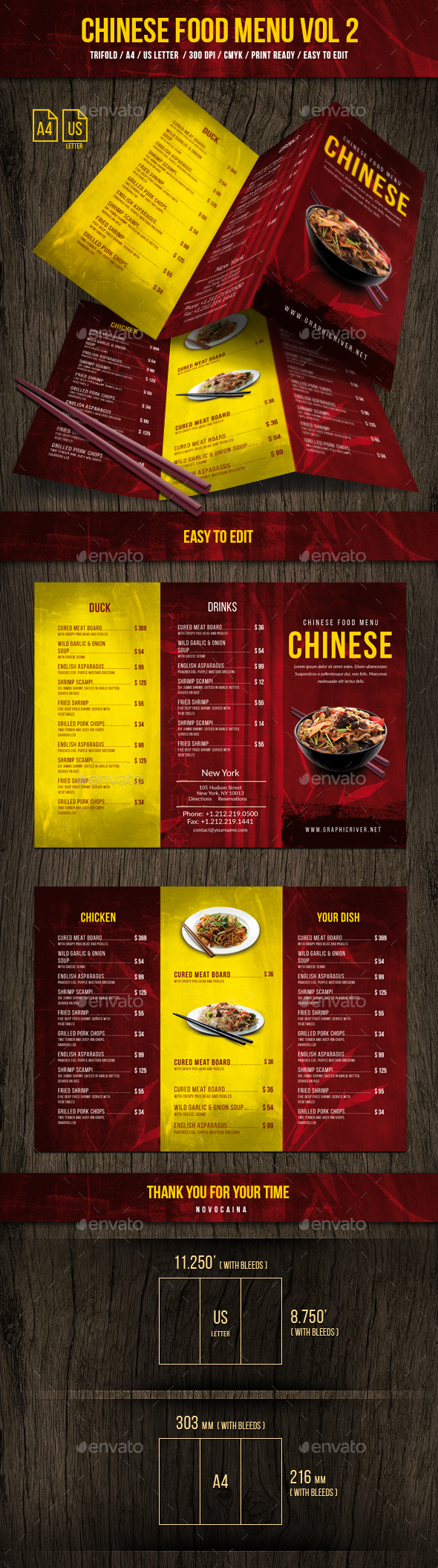 Chinese A4 & US Letter Trifold Food Menu Vol 2 - Food Menus Print Templates