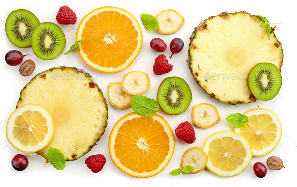 various fresh fruit slices Stock Photo by magone