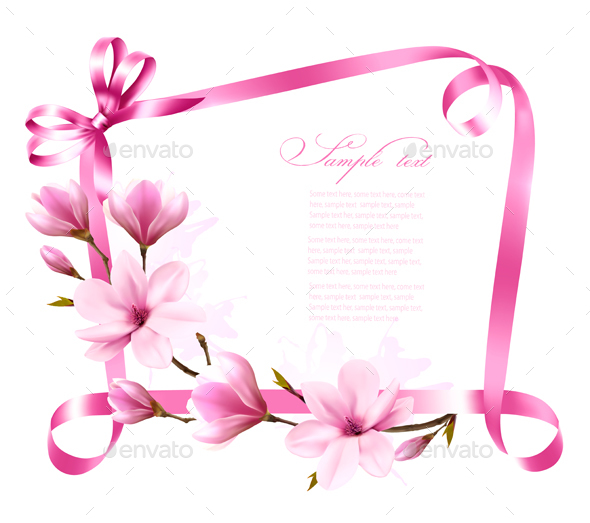 Nature Background With Blossom Branch of Pink Flowers and Ribbon - Flowers & Plants Nature