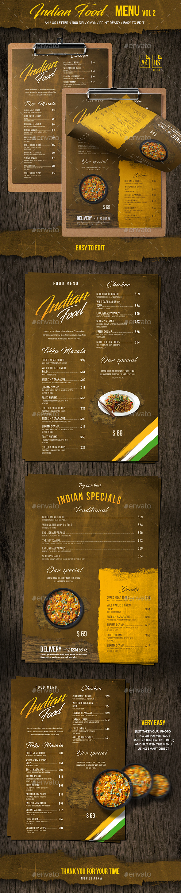 Indian Single Page Menu A4 & US Letter Vol 2 - Food Menus Print Templates