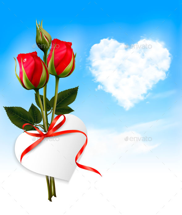 Holiday Background With Heart Cloud and Red Flowers - Miscellaneous Seasons/Holidays