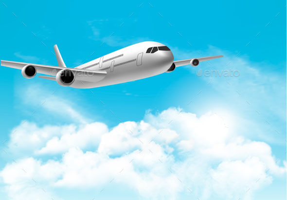Travel Background with an Airplane and White Clouds - Travel Conceptual