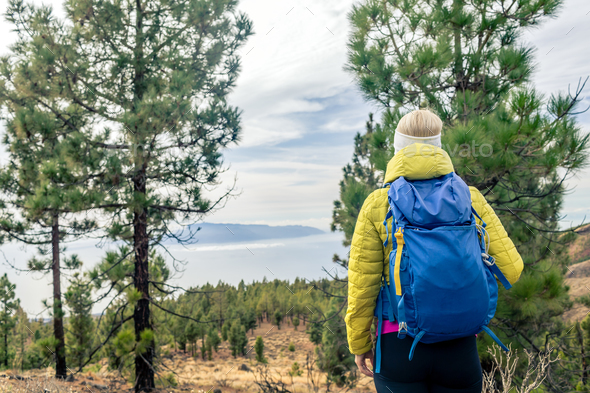 Hiking woman with backpack looking at inspirational mountains la - Stock Photo - Images