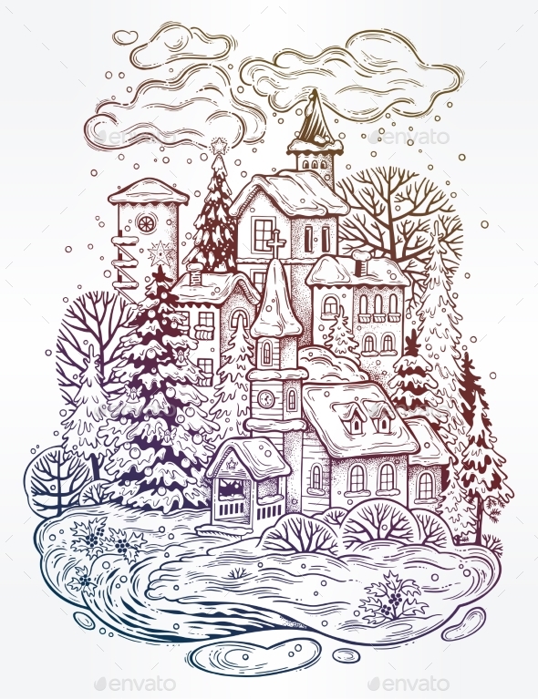 Snowy Winter Festive Cityscape - Christmas Seasons/Holidays