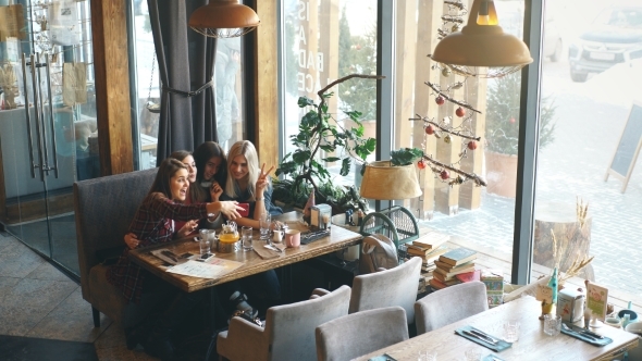 Selfie Four Women Sitting in a Cafe