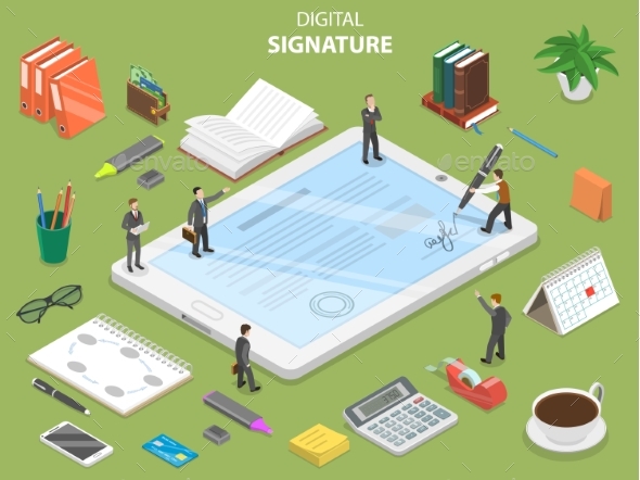 Digital Signature Flat Isometric Vector Concept - Computers Technology