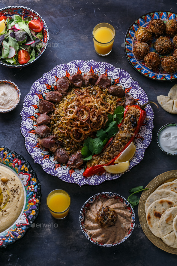Middle eastern or arabic dishes: shish kebab, falafel, hummus, rice ...