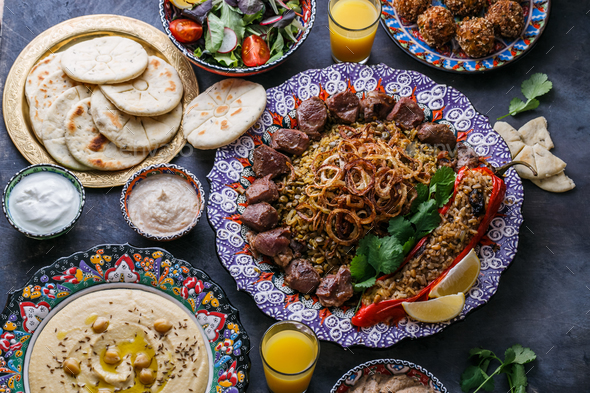 Middle eastern or arabic party food top view - Stock Photo - Images