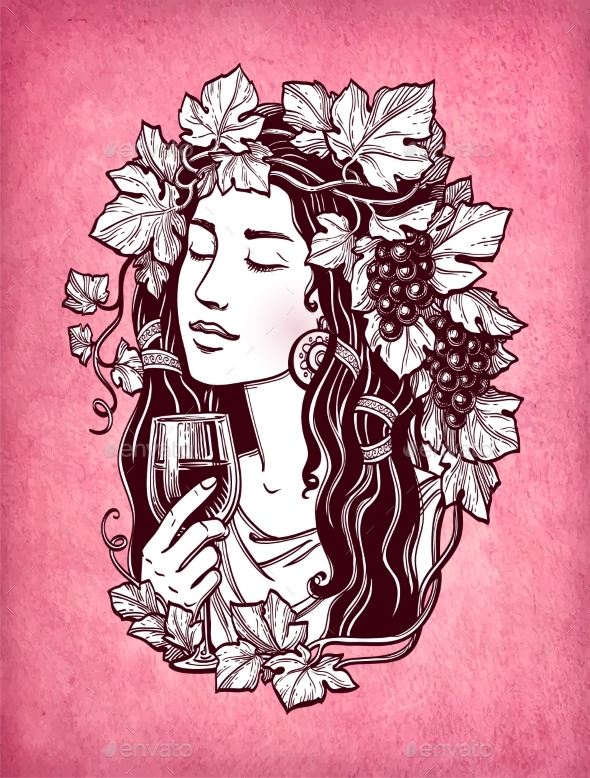 Woman with Grapes and Wine. - Food Objects