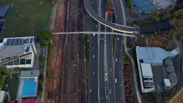 Traffic At Innercity Bypass Road to Roma Street In Brisbane, QLD, Australia. - aerial hyperlapse alt