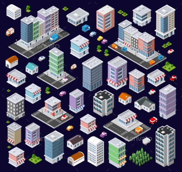 Set of Modern Isometric Buildings - Buildings Objects
