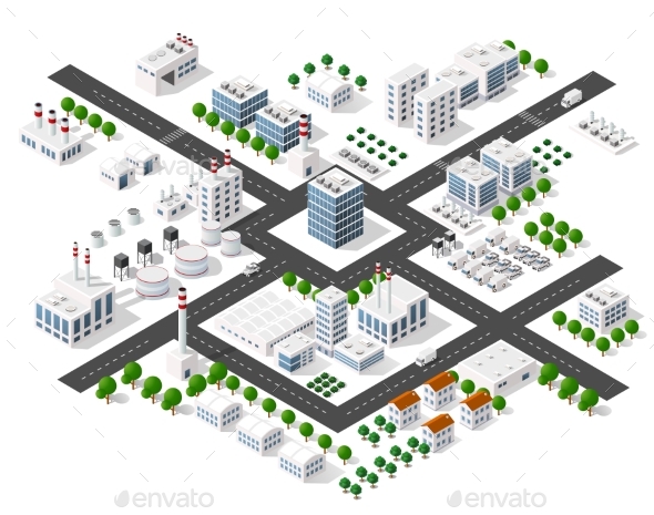 Set of Modern Isometric Buildings - Buildings Objects