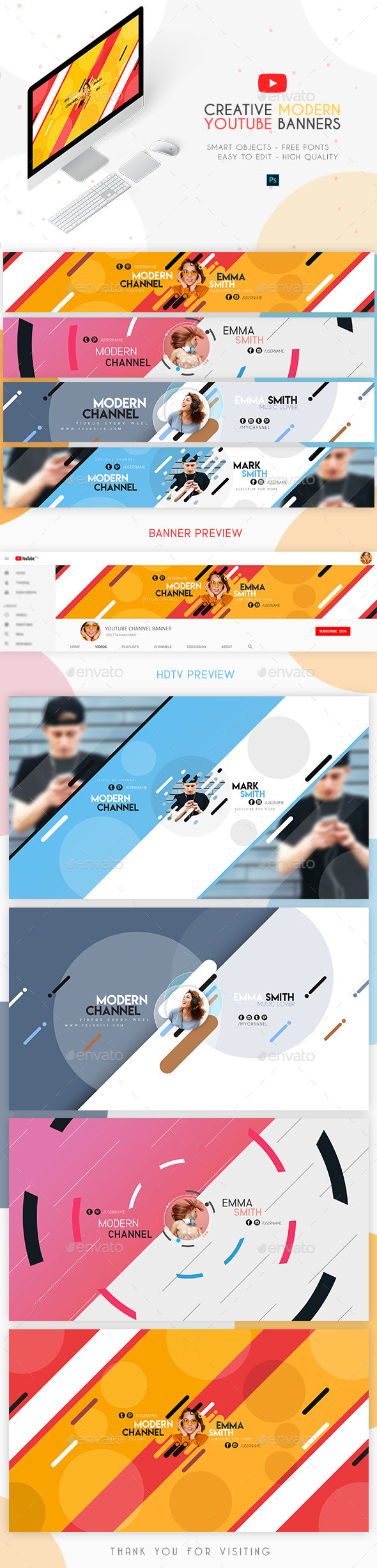 4 Modern YouTube Banners - YouTube Social Media