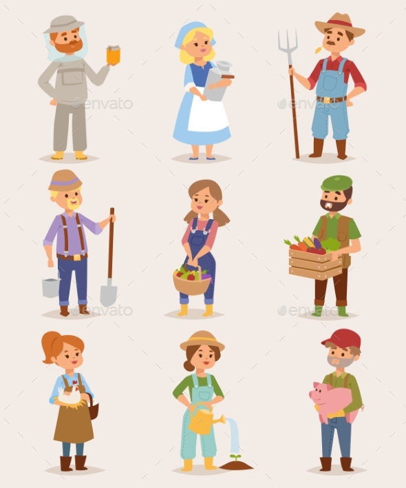 Vector Farmers Cartoon People with Organic Village - Animals Characters