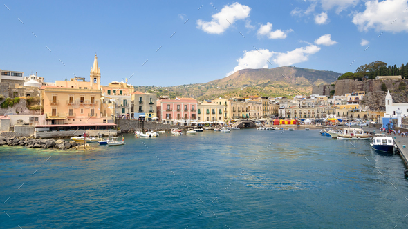 Panoramic view of Marina Corta in Lipari town Stock Photo by mkos83