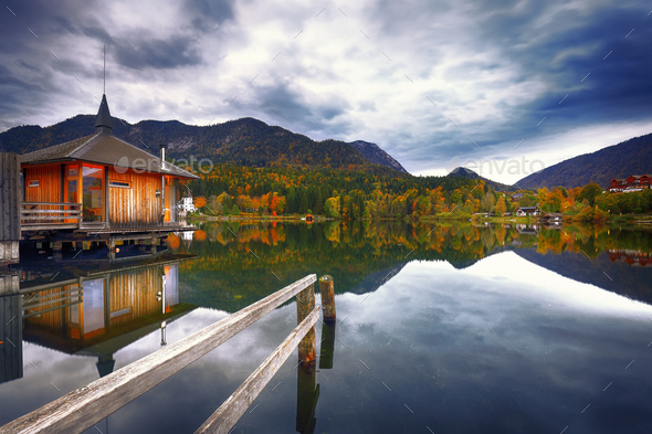 Grundlsee lake in Alps mountains - Stock Photo - Images