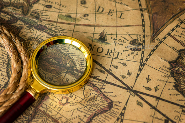 Retro magnifier with old map - Stock Photo - Images