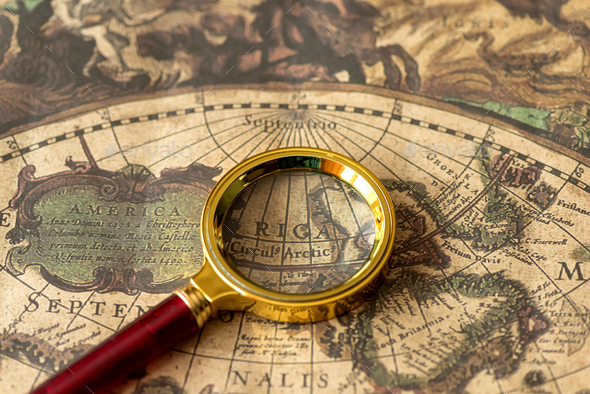 Retro magnifier with old map Stock Photo by byrdyak | PhotoDune