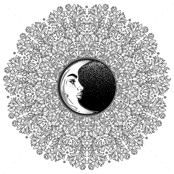 Tattoo Crescent Moon Face Inside Mandala - Tattoos Vectors