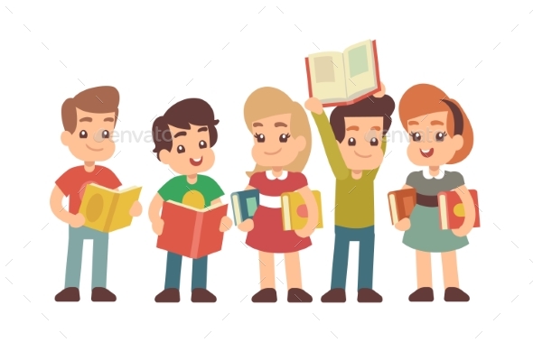 Cartoon Preschool Children with Books - People Characters