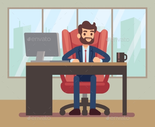 Businessman Working at Desk with Laptop - People Characters