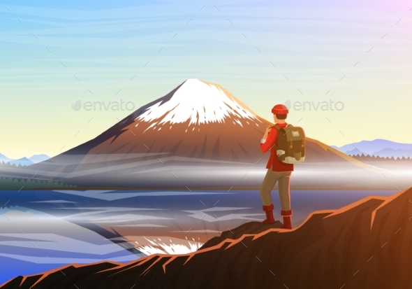 Mountain Fuji with Tourist, Morning Panoramic View - Landscapes Nature