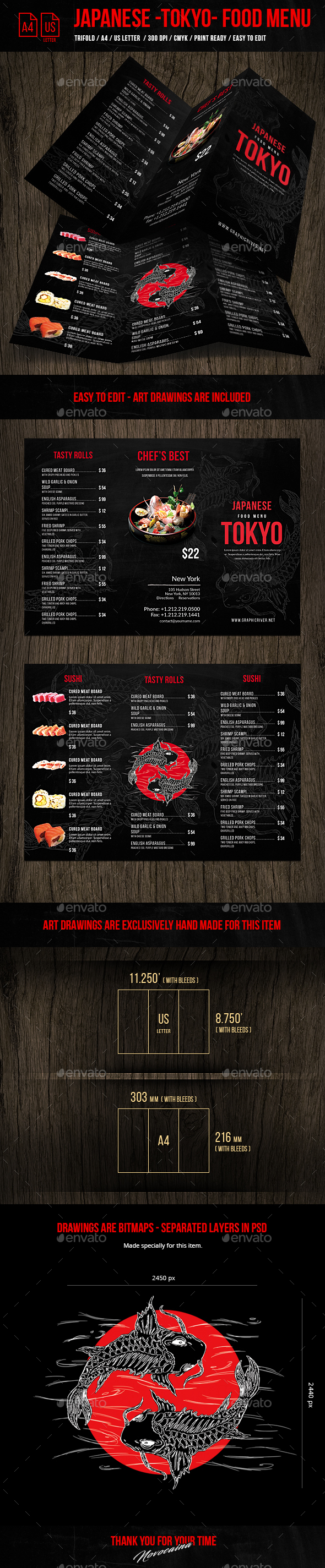 Japanese A4& US Letter Trifold Food Menu - Food Menus Print Templates