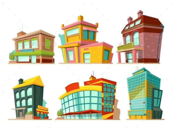 Cartoon Buildings. Vector Illustrations Set - Buildings Objects