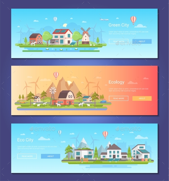 Eco City - Set of Modern Flat Design Style Vector - Buildings Objects