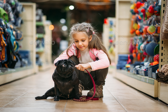 Little girl chooses house for puppy in pet shop - Stock Photo - Images