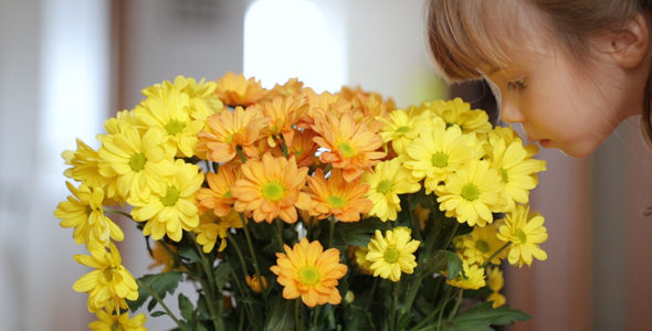 Girl Smells and Touches Yellow Flowers