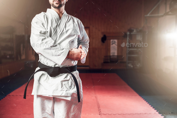 Martial arts, fighter in white kimono, black belt - Stock Photo - Images