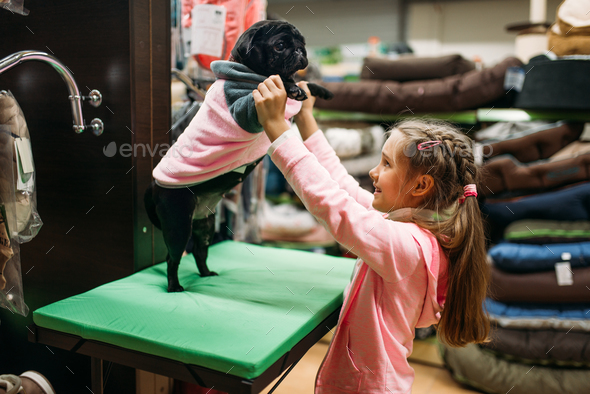 Little girl try on clothes for puppy in pet shop - Stock Photo - Images