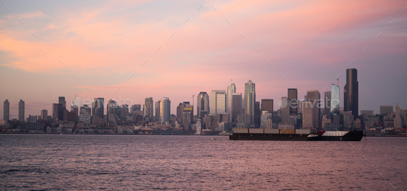 Pink Sunset Cargo Ship Puget Sound Downtown Seattle Skyline - Stock Photo - Images