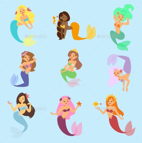 Mermaid Vector Girl Character Design Coral Set - People Characters
