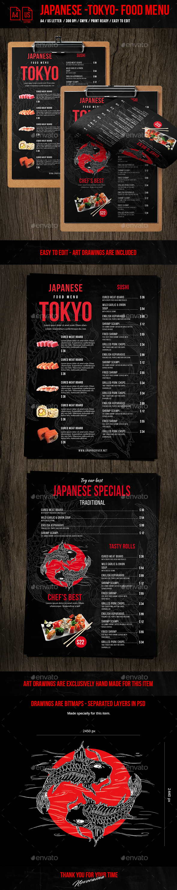 Japanese Single Page A4 & US Letter Food Menu - Food Menus Print Templates