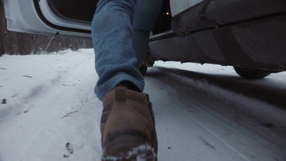 Man Pushing Car Trying To Start Engine alt