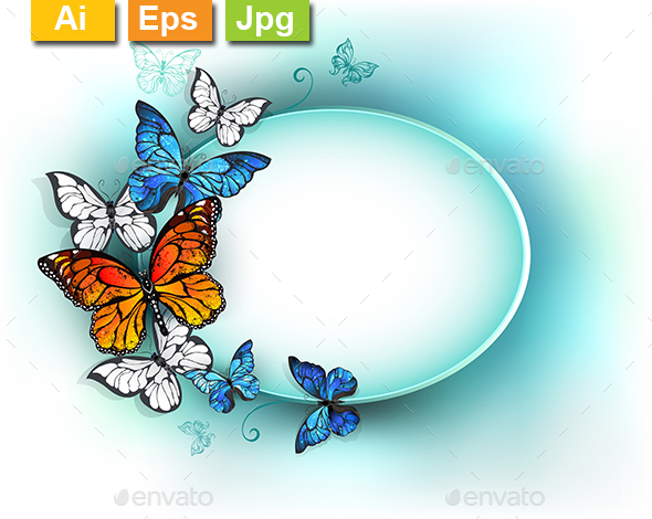 Oval Banner with Summer Butterflies - Borders Decorative