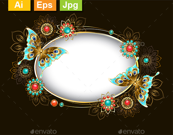 Oval Banner with Turquoise Butterflies - Borders Decorative