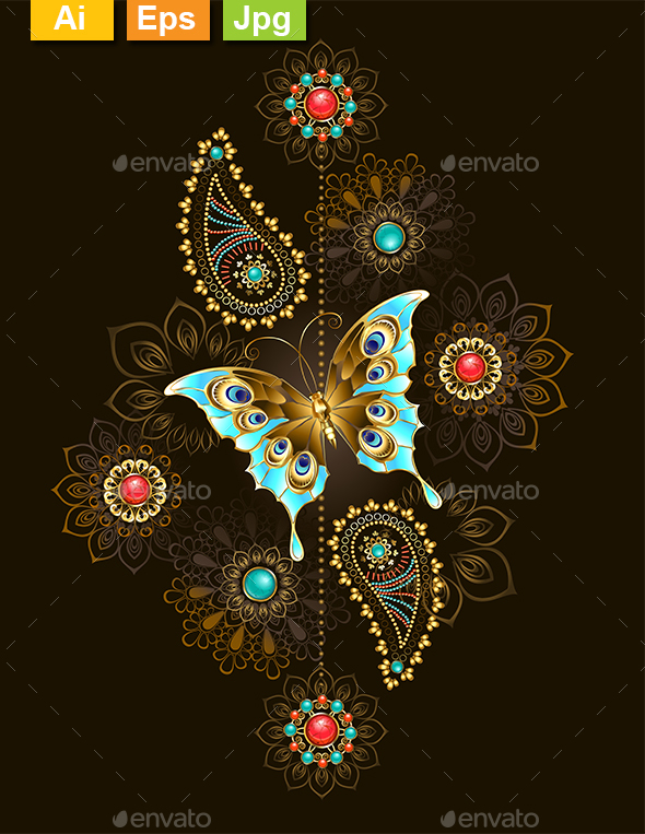 Pattern with Turquoise Butterfly - Decorative Vectors