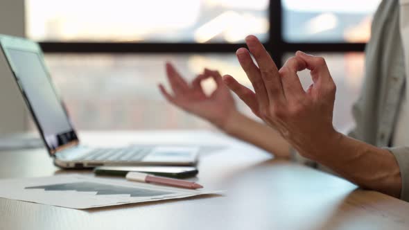 Employee Meditates Breathing Deeply at Workplace in Office, Stock Footage