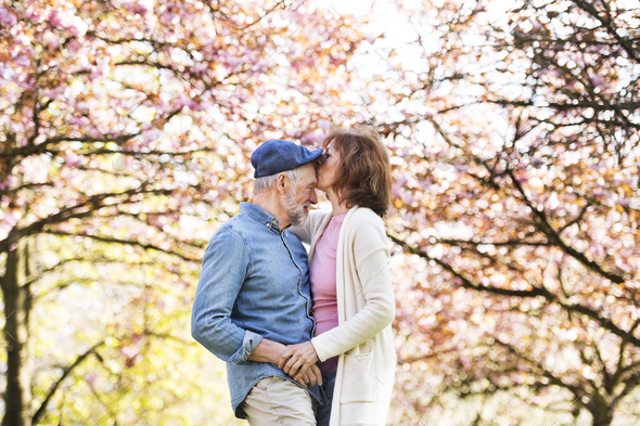 Beautiful senior couple in love outside in spring nature. - Stock Photo - Images