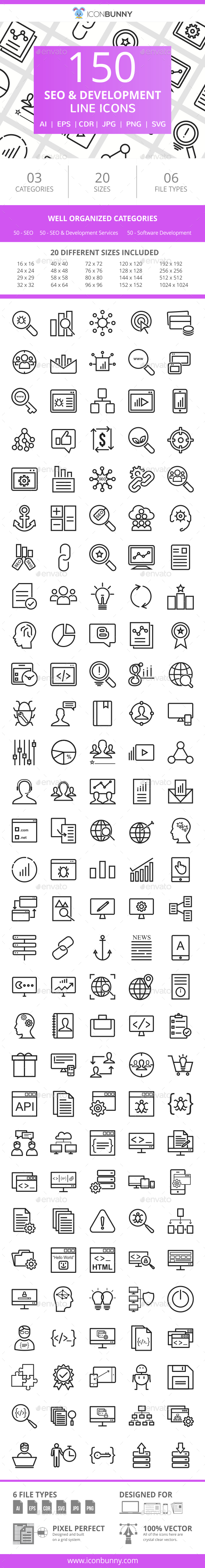 150 SEO & Development Line Icons - Icons