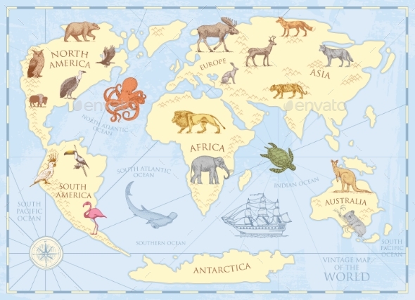 Vintage World Map with Wild Animals and Mountains - Animals Characters