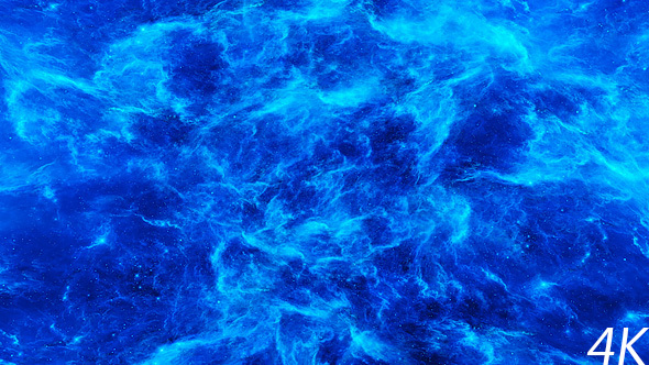 Flying Through Abstract Bright Blue Nebulae in Deep Space