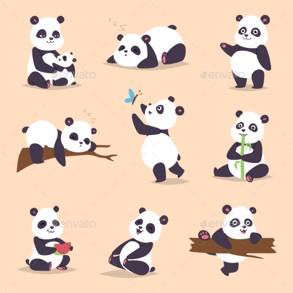 Panda Cartoon Character in Various Expression - Animals Characters